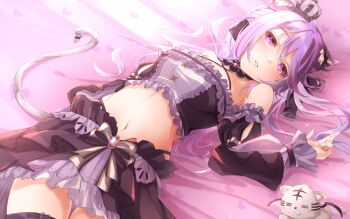 Rule 34 | 1girl, animal ears, black bow, black collar, black ribbon, black skirt, black sleeves, black tube top, blush, bow, skirt bow, breasts, cat, cat ears, cat girl, cat tail, collar, commentary request, cowboy shot, criss-cross halter, crown, detached collar, detached sleeves, ear ribbon, frilled tube top, frills, fuyuno taka, hair between eyes, hair bow, halterneck, highres, ina uruu, long hair, looking at viewer, lying, medium breasts, midriff, mini crown, nanashi inc., navel, on back, parted lips, pink eyes, purple hair, ribbon, skirt, smile, solo, strapless, tail, thigh strap, tube top, two-tone bow, virtual youtuber, white bow