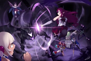 6+girls animal_ears asymmetrical_legwear battle bird_wings black_gloves black_hair black_thighhighs blonde_hair blue_eyes blue_hair brown_eyes brown_hair brown_skirt brown_wings ceres_fauna choker commentary dark-skinned_female dark_skin dasdokter demon_horns dual_wielding ender_dragon enderman english_commentary feather_hair_ornament feathers fingerless_gloves flying gloves glowing glowing_eyes green_hair hair_ornament hakos_baelz highres holding hololive hololive_english horns irys_(hololive) kicking long_sleeves minecraft mouse_ears mouse_girl mouse_tail multicolored_hair multiple_girls nanashi_mumei nanashi_mumei_(1st_costume) open_mouth ouro_kronii outstretched_arms pink_eyes pointy_ears purple_hair red_hair skirt streaked_hair tail thighhighs tsukumo_sana tsukumo_sana_(1st_costume) virtual_youtuber white_hair white_thighhighs wings yellow_eyes