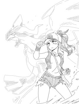 1girl absurdres adjusting_clothes adjusting_headwear baseball_cap breasts commentary commentary_request dust_cloud english_commentary expressionless galois gen_5_pokemon hat hatching_(texture) highres hilda_(pokemon) holding holding_poke_ball korean_commentary legendary_pokemon medium_breasts military_vehicle mixed-language_commentary monochrome motor_vehicle nintendo poke_ball pokemon pokemon_(creature) pokemon_bw ponytail short_shorts shorts sidelocks signature tank vest wristband zekrom