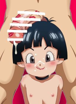 1boy 1girl :q after_fellatio age_difference bar_censor bare_shoulders black_choker black_eyes black_hair blush censored choker closed_mouth collarbone cum cum_on_body dragon_ball_super dragon_ball_super_super_hero facial flat_chest grey_eyes hetero kazu_satou licking_lips lipstick lipstick_mark loli looking_at_viewer makeup nude outline pan_(dragon_ball) penis red_background red_lips short_hair simple_background smile solo_focus tongue tongue_out upper_body white_outline