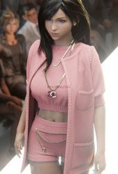 1girl 3d absurdres alternate_costume black_hair blurry blurry_background breasts brown_eyes cardigan catwalk chanel cloud_strife earrings final_fantasy final_fantasy_vii final_fantasy_vii_remake hair_over_shoulder highres jewelry large_breasts long_hair bad_tag navel necklace pink_cardigan pink_shirt pink_shorts runway shirt short_sleeves shorts silverelitist solo_focus square_enix tifa_lockhart upper_body walking zack_fair