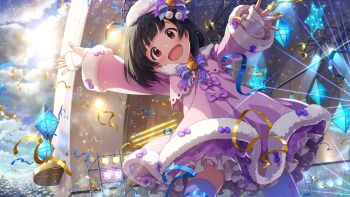 1girl :d arm_up black_hair blue_thighhighs brown_eyes commentary_request day dress fingerless_gloves game_cg gloves idolmaster idolmaster_million_live! idolmaster_million_live!_theater_days long_sleeves looking_at_viewer nakatani_iku official_alternate_costume official_art open_mouth outdoors pink_dress short_hair smile solo stage standing sunlight thighhighs third-party_source white_gloves winter