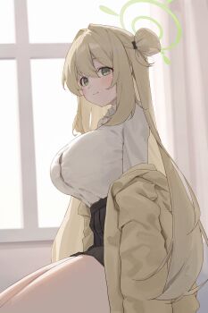 Rule 34 | 1girl, absurdres, black bow, black skirt, blue archive, blush, bow, breasts, brown hair, cardigan, cardigan partially removed, closed mouth, collared shirt, green eyes, green halo, hair bow, hair bun, hair intakes, halo, highres, indoors, large breasts, long hair, long sleeves, nonomi (blue archive), open cardigan, open clothes, pleated skirt, shirt, single side bun, sitting, skirt, smile, solo, springrain 06, white shirt, window, yellow cardigan