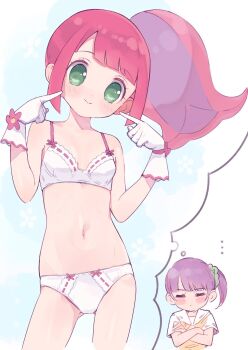 ... 1girl =_= blunt_bangs blunt_sidelocks blush bow bow_bra bow_panties bra breasts closed_eyes closed_mouth cowboy_shot crossed_arms dot_nose dual_persona flower gloves gluteal_fold green_eyes green_scrunchie hair_ornament hair_scrunchie highres hyakumangoku_masurao imagining kanon_(pripara) long_hair looking_at_viewer manaka_non manaka_non_(normal) multicolored_hair navel panties pink_flower pink_hair pointing pointing_at_self pretty_series pripara purple_eyes purple_hair ribbon-trimmed_bra ribbon-trimmed_panties ribbon_trim school_uniform scrunchie shirt short_hair short_sleeves side_ponytail sidelocks small_breasts smile speech_bubble standing stomach thighs thinking thought_bubble underwear underwear_only upper_body white_bra white_gloves white_panties white_shirt wrist_flower