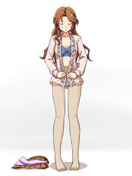 Rule 34 | 1girl, blue bra, blue panties, blush, bra, breasts, brown hair, closed eyes, collared shirt, commentary request, covered navel, crotch seam, facing viewer, frilled shirt, frills, frown, full body, highres, idolmaster, idolmaster cinderella girls, kawashima mizuki, lielos, long hair, long sleeves, medium breasts, no pants, open clothes, open shirt, panties, pantyhose, parted lips, partial commentary, partially unbuttoned, shadow, sheer pantyhose, shirt, skirt, solo, standing, striped clothes, striped shirt, thighband pantyhose, unbuttoning, underwear, undressing, unworn skirt, vertical-striped clothes, vertical-striped shirt, white background