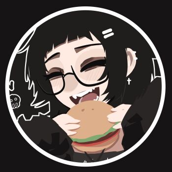 1girl absurdres black-framed_eyewear black_background black_hair blunt_bangs border burger closed_eyes commentary cross cross_earrings ear_piercing earrings english_commentary flat_color food glasses hair_ornament hairclip highres holding holding_burger holding_food imminent_bite jewelry long_sleeves mikuneki open_mouth original parallel_hairclips piercing riyo_kaede_(mikuneki) round_border semi-rimless_eyewear short_hair smile solo teeth under-rim_eyewear