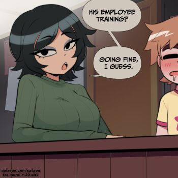 1boy 1girl absurdres black_eyes blue_eyeliner blush breasts closed_eyes commentary drooling english_commentary english_text eyeliner green_sweater highres hollie_hawkes large_breasts makeup orange_hair paid_reward_available sataen scott_pilgrim scott_pilgrim_(series) scott_pilgrim_takes_off shirt speech_bubble sweater t-shirt thick_eyebrows watermark web_address