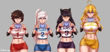 4girls absurdres aestheticc-meme ahoge animal_ears artist_name bare_shoulders blake_belladonna blonde_hair blue_eyes bow breasts cat_ears cleavage detached_sleeves gradient_hair grey_eyes grin hair_bow highres large_breasts long_hair looking_at_viewer midriff multicolored_hair multiple_girls navel open_mouth ponytail purple_eyes red_hair ribbon ruby_rose rwby scar scar_across_eye scar_on_face shirt short_hair short_sleeves shorts side_ponytail sleeveless sleeveless_shirt smile two-tone_hair vambraces wavy_hair weiss_schnee white_hair yang_xiao_long yellow_eyes yellow_shirt