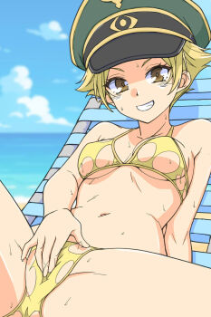 1girl bikini blush breasts brown_eyesblonde_hair collarbone erwin_(girls_und_panzer) girls_und_panzer grin hat highres looking_at_viewer masturbation medium_breasts military_hat navel ocean outdoors renshiu sky smile solo sweat swimsuit torn_bikini torn_clothes yellow_bikini