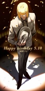 Rule 34 | 1boy, ajuji aju, birthday date, black shirt, bleach, blonde hair, blunt bangs, blunt ends, collared shirt, commentary, english commentary, formal clothes, from above, full body, grey hat, grey necktie, grey suit, happy birthday, hat, highres, hirako shinji, holding, holding unworn clothes, holding unworn hat, male focus, necktie, shadow, shirt, short hair, solo, standing, suit, twitter username, unworn hat, unworn headwear