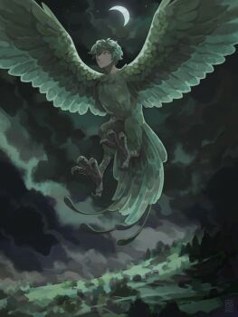 1boy commentary crescent_moon driftwoodwolf english_commentary fantasy feathered_wings from_below full_body grass green_hair green_theme green_wings harpy_boy male_focus monster_boy moon night original short_hair sky solo talons wings