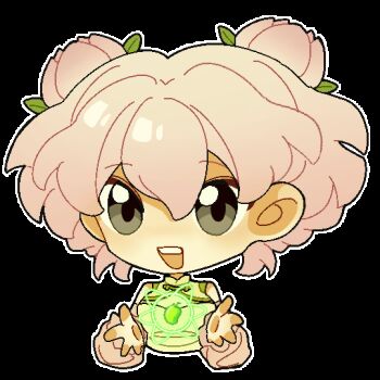 1girl :d animated animated_gif blinking breasts chibi chibi_only chinese_commentary cleavage cleavage_cutout clothing_cutout commentary_request cropped_torso detached_sleeves double-parted_bangs double_bun fewer_digits green_shirt grey_eyes grey_sleeves hair_between_eyes hair_bun hair_ornament hands_up ive0iv7307 leaf_hair_ornament long_sleeves looking_at_viewer mandarin_collar open_mouth personification pink_hair plants_vs._zombies plants_vs._zombies_2 plants_vs._zombies_2_(chinese) power_lily_(plants_vs._zombies) puffy_long_sleeves puffy_sleeves shirt short_hair simple_background sleeveless sleeveless_shirt small_breasts smile solo teeth transparent_background upper_teeth_only