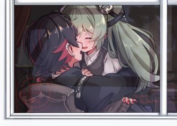 2girls artist_name black_hair black_jacket blush closed_eyes commentary_request corin_wickes couple earclip earrings ellen_joe face-to-face facing_another from_outside green_hair grey_sweater_vest hand_on_another's_waist hug jacket jewelry multiple_girls nail_polish open_mouth red_nails red_streaks shirt short_hair smile sweater_vest twintails watermark white_shirt window yumefukura yuri zenless_zone_zero