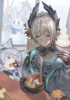 4girls amiya_(arknights) animal_ear_fluff animal_ears arknights black_jacket black_shirt blaze_(arknights) cat_ears cat_girl chopsticks closed_eyes colored_eyelashes commentary_request dark-skinned_female dark_skin earrings extra_arms feeding food fruit gloves green_eyes grey_hair happy_new_year head_wings highres holding holding_chopsticks holding_food holding_fruit jacket jewelry long_hair mandarin_orange multiple_girls new_year open_clothes open_jacket orange_(fruit) orange_slice pimi raidian_(arknights) rosmontis_(arknights) shirt short_hair smile snowman stud_earrings vest wings