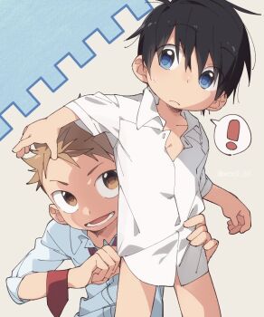 ! 2boys bad_id bad_twitter_id black_hair blue_eyes brown_eyes brown_hair closed_mouth collared_shirt highres inactive_account male_focus multiple_boys necktie open_mouth original red_necktie shirt short_hair shota spoken_exclamation_mark sweatdrop twitter_username undressing_another white_shirt wool_bl yaoi