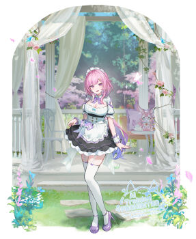 1girl absurdres alternate_costume apron black_dress breasts chair cleavage commentary_request cup cyrene_(demiurge)_(honkai:_star_rail) cyrene_(honkai:_star_rail) diamond-shaped_pupils diamond_(shape) dress enmaided full_body garter_straps high_heels highres honkai:_star_rail honkai_(series) large_breasts long_hair looking_at_viewer maid maid_apron maid_headdress mem_(honkai:_star_rail) multicolored_hair omelet_tomato pink_hair pointy_ears purple_eyes purple_hair purple_shoes shoes smile solo standing symbol-shaped_pupils table teacup teapot thighhighs thighs very_long_hair white_garter_straps white_hair white_thighhighs zettai_ryouiki