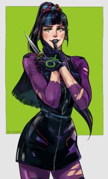 1girl batman_(series) black_hair dc_comics ear_piercing gloves holding holding_knife knife piercing punchline_(dc) smile torn_clothes zalz82