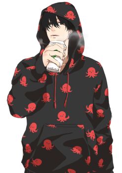 1boy black_hair chainsaw_man cup ear_piercing holding holding_cup male_focus octopus_print piercing short_hair simple_background tsutakichi_02 upper_body white_background yoshida_hirofumi