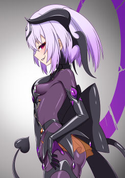 1girl ass black_bodysuit blush bodysuit breasts commentary_request corruption covered_erect_nipples cowboy_shot dark_persona demon_girl demon_horns demon_tail elbow_gloves entenca evil_grin evil_smile from_side gloves grey_background grin highres horns impossible_bodysuit impossible_clothes latex latex_bodysuit looking_at_viewer looking_to_the_side medium_hair multicolored_hair multiple_tails nega_eclipse_(entenca) orange_skirt original profile pubic_tattoo pubic_tattoo_visible_through_clothes purple_bodysuit purple_eyes purple_hair red_eyes see-through_clothes shiny_clothes short_hair sideways_glance skin_tight skirt slit_pupils small_breasts smile solo standing tail tattoo teeth