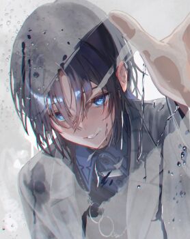 Rule 34 | 1girl, black hair, blue eyes, blue shirt, condensation, earclip, grey jacket, highres, hiodoshi ao, hiodoshi ao (1st costume), hololive, hololive dev is, jacket, looking at viewer, pinstripe jacket, pinstripe pattern, qdx4p, shirt, solo, striped clothes, striped jacket, suit jacket, vertical-striped clothes, vertical-striped jacket, virtual youtuber, wolf cut