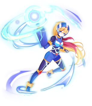1girl absurdres aizeis alternate_costume alternate_hairstyle arm_cannon armor belt blonde_hair blue_eyes bodystocking boots breasts chest_jewel ciel_(mega_man) commission commissioner_upload elbow_gloves fighting_stance full_body gloves glowing helmet highres knee_pads long_hair looking_at_viewer mechanical_ears mega_man_(series) mega_man_zero_(series) mega_man_zx model_x_(mega_man) non-web_source petite ponytail powering_up scarf shorts simple_background small_breasts solo thigh_boots transparent_background weapon