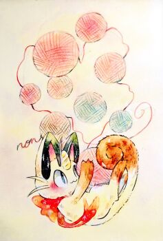 Rule 34 | :3, animal focus, black eyes, cat, cat day, claws, gen 1 pokemon, highres, meowth, nintendo, no humans, non (kumakawayusu), pokemon, pokemon (creature), simple background, solo, traditional media, white background, yarn, yarn ball