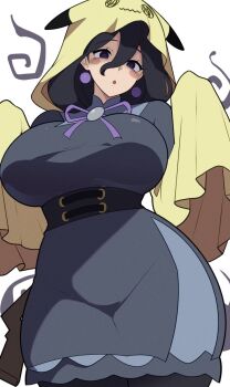 Rule 34 | 1girl, @ @, breasts, cosplay, earrings, gen 7 pokemon, hex maniac (pokemon), hex maniac (pokemon legends: z-a), jewelry, large breasts, mimikyu, mimikyu (cosplay), mituyota 76, nintendo, pokemon, pokemon legends: z-a, simple background, white background