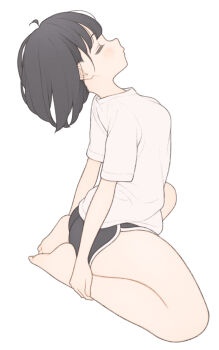 1girl 1ssakawaguchi absurdres barefoot blush bob_cut brown_hair closed_mouth dolphin_shorts from_side highres ichika_(1ssakawaguchi) original shirt short_hair short_shorts short_sleeves shorts simple_background solo t-shirt thighs white_background white_shirt yoga