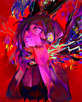1girl abstract ai-generated_art_(topic) artist_self-insert asphyxiation aurahack breasts brown_hair catherine_(aurahack) cleavage commentary crying crying_with_eyes_open disembodied_hand english_commentary hair_over_one_eye highres large_breasts original red_background short_hair solo_focus strangling struggling tearing_up tears twitter