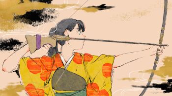 Rule 34 | 1girl, absurdres, archery, arrow (projectile), black eyes, black hair, bow (weapon), brown background, closed mouth, commentary request, drawing bow, egasumi, gloves, hair behind ear, hands up, highres, holding, holding bow (weapon), holding weapon, japanese clothes, kimono, kyuudou, long hair, looking ahead, looking to the side, manimani (vocaloid), muneate, obi, orange kimono, original, outstretched arm, partially fingerless gloves, partly fingerless gloves, ponytail, print kimono, sash, solo, two-tone kimono, upper body, wakame (pixiv128625), weapon, wide sleeves, yellow kimono, yugake, yumi (bow)
