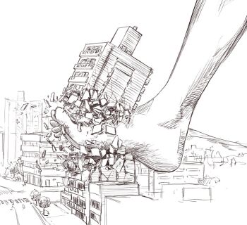 1other ambiguous_gender barefoot building debris destruction feet foot_focus giant greyscale monochrome original outdoors road rock_suno sketch street toes town traditional_media