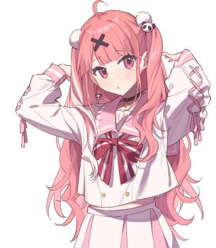 1girl ahoge ame_ame animal_print bear_print black_choker blunt_bangs bow bowtie choker crop_top cross cross_choker earrings hair_ornament highres jewelry long_hair mole mole_under_eye nijisanji panda_earrings panda_hair_ornament panda_print pink_eyes pink_hair pink_ribbon pink_sailor_collar pleated_skirt red_bow red_bowtie ribbon sailor_collar sasaki_saku sasaki_saku_(6th_costume) shirt skirt solo striped_bow striped_bowtie striped_clothes two_side_up very_long_hair virtual_youtuber white_shirt white_skirt x_hair_ornament