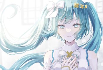 Rule 34 | 1girl, ameshi0227, aqua hair, aqua nails, backlighting, bare shoulders, blue eyes, blue trim, bow, bowtie, closed mouth, collared shirt, commentary request, hair bow, hair ornament, hands on own chest, hatsune miku, highres, hiramado miku, kowareta sekai to utaenai miku, long hair, looking at viewer, nail polish, own hands together, portrait, project sekai, shirt, simple background, sleeveless, sleeveless shirt, smile, solo, sparkle, straight-on, swept bangs, twintails, twitter username, very long hair, vocaloid, white background, white bow, white bowtie, white shirt, wind, window, x hair ornament