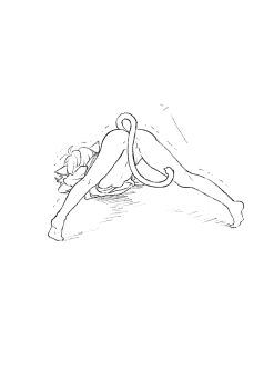 1girl animal_ears ass bottomless breasts cat_ears cat_girl cat_stretch cat_tail convenient_censoring eroiroe female_focus full_body highres lineart monochrome original shirt short_hair simple_background sketch small_breasts solo stretching t-shirt tail tail_censor top-down_bottom-up white_background