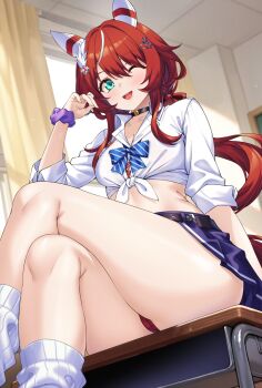 1girl animal_ears blue_bow blue_eyes blush bow breasts collared_shirt commentary_request crossed_legs diagonal-striped_bow ear_covers from_below gyaru hair_between_eyes highres horse_ears horse_girl horse_tail leg_warmers long_hair looking_at_viewer one_eye_closed open_mouth panties purple_scrunchie red_hair red_panties scrunchie shirokuma_a shirt sitting sleeves_rolled_up solo striped_bow tail tied_shirt umamusume underwear white_leg_warmers white_shirt win_variation_(umamusume) wrist_scrunchie