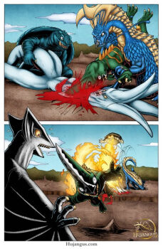 alien beak bleeding blood blue_sky breath_weapon breathing_fire claws colored_sclera crest daiei_film daiei_motion_picture drawmandude exhaust fins fire flying gamera gamera_(series) gamera_2:_attack_of_legion gamera_vs._guiron gamera_vs._viras giant giant_monster guiron horns hujangus_(drawmandude) kaiju monster no_humans original red_eyes sea_monster sharp_teeth sky space_gyaos space_monster squid sword tail teeth tentacles turtle tusks viras weapon wings yellow_eyes yellow_sclera