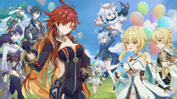 Rule 34 | 3boys, 6+girls, :d, absurdres, aether (genshin impact), ahoge, balloon, bear minstrel, beret, biker clothes, bikesuit, black gloves, black jacket, black shorts, blonde hair, blue eyes, blue sky, bodysuit, braid, braided ponytail, braided sidelock, brown hair, brown jacket, cape, cloud, cloudy sky, dress, earrings, flower, furina (genshin impact), genshin impact, gloves, green cape, green eyes, green hat, green shorts, hair between eyes, hair flower, hair ornament, hat, heterochromia, highres, holding, holding removed eyewear, jacket, japanese clothes, jewelry, kimono, leggings, long hair, looking at viewer, lumine (genshin impact), mavuika (genshin impact), multiple boys, multiple girls, nahida (genshin impact), open mouth, outdoors, paimon (genshin impact), purple eyes, purple hair, purple kimono, purple thighhighs, raiden shogun, red eyes, red hair, short hair, short hair with long locks, short kimono, shorts, sideways glance, sky, smile, thighhighs, unworn eyewear, venti (genshin impact), vision (genshin impact), white dress, white hair, white leggings, yellow eyes, zhongli (genshin impact)