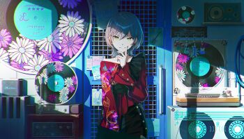 1girl black_nails colorful_palette earrings fingernails flower game_cg green_eyes hair_between_eyes highres hinomori_shiho jewelry looking_at_viewer musical_note nail_polish official_alternate_costume official_alternate_hairstyle official_art omoi_wo_nosete!_dream_stage_(project_sekai) pink_flower project_sekai red_shirt shirt solo sparkle star_(symbol) third-party_source vinyl_record white_flower wolf_cut