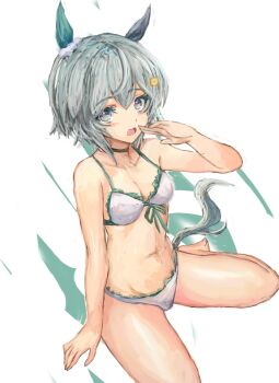 1girl animal_ears bikini black_choker blue_eyes blush breasts choker cleavage commentary_request ear_covers flower grey_hair hair_between_eyes hair_flower hair_ornament hairclip horse_ears horse_girl horse_tail long_sleeves looking_at_viewer navel open_mouth seiun_sky_(umamusume) short_hair single_ear_cover solo stomach sunflower sunflower_hair_ornament swimsuit tail umamusume white_bikini yanagi_wakana