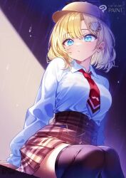 1girl animated artist_name black_thighhighs blonde_hair blue_eyes blush breasts brown_hat brown_skirt by_mirin clip_studio_paint_(medium) closed_mouth collared_shirt deerstalker hair_ornament hat hololive hololive_english large_breasts lineart long_sleeves looking_at_viewer making-of monochrome monocle necktie rain red_necktie shirt simple_background sitting sketch skirt smile solo thighhighs video virtual_youtuber watermark watson_amelia watson_amelia_(1st_costume) white_background white_shirt