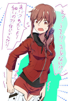 1girl azami_masurao black_hoodie blush boxers brown_eyes brown_hair cosplay hair_ornament hair_scrunchie highres hood hoodie jacket male_underwear mario_gallo_bestino mario_gallo_bestino_(cosplay) mole mole_under_eye noel_(tsukihime) red_jacket scrunchie shorts side_ponytail struggling sweatdrop thighs tsukihime tsukihime_(remake) undersized_clothes underwear wardrobe_malfunction white_shorts