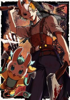 1boy :d absurdres apron aqua_hair arm_up artist_name axe belt belt_pouch black_veil blood blood_on_clothes blood_on_hands bloody_weapon blue_apron blue_pants border broken_mask brown_belt chaahan_(0421_han2) commentary_request cosplay dead_by_daylight dual_wielding earrings fangs gradient_hair hair_ornament highres holding holding_axe jewelry lightning_bolt lightning_bolt_earrings lightning_bolt_hair_ornament lightning_bolt_symbol looking_at_viewer male_focus mask multicolored_hair nijisanji one_eye_covered open_mouth orange_eyes orange_hair outside_border pants pouch rabbit_mask shirt short_hair short_sleeves single_earring smile solo standing suspenders teeth the_huntress_(dead_by_daylight) the_huntress_(dead_by_daylight)_(cosplay) twitter_username upper_teeth_only usami_rito veil virtual_youtuber watermark weapon white_border white_shirt