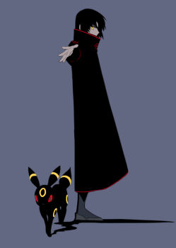 1boy black_coat black_hair caritas666 coat colored_sclera full_body gen_2_pokemon grey_background high_collar looking_at_viewer makabe_kazuki male_focus outstretched_arm pokemon pokemon_(creature) red_sclera short_hair simple_background soukyuu_no_fafner umbreon yellow_eyes