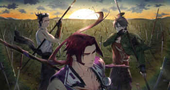Rule 34 | 3boys, absurdres, cloud, cloudy sky, commentary request, goggles, goggles on head, hand on own face, highres, holding, holding polearm, holding weapon, injury, katana, looking at viewer, multiple boys, nihongou, nihongou (touken ranbu), onota (fkdx2243), otegine, outdoors, plain, planted, planted polearm, polearm, sky, spear, sun, sun glare, sunrise, sword, tonbokiri, tonbokiri (touken ranbu), torn clothes, touken ranbu, weapon, wind, yari