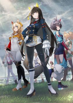 6+girls animal_ears ascot ass asymmetrical_footwear asymmetrical_gloves asymmetrical_jacket asymmetrical_legwear bare_shoulders believe_(purity)_(umamusume) believe_(umamusume) black_hair black_pantyhose blonde_hair blue_jacket blue_shirt blue_shorts bodysuit breasts brown_hair calstone_light_o_(one_true_path)_(umamusume) calstone_light_o_(umamusume) closed_mouth clothing_cutout cloud cloudy_sky commentary_request crop_top cropped_jacket dress durandal_(chevalier_fidele)_(umamusume) durandal_(umamusume) ear_covers frilled_bodysuit full_body gloves gold_trim grass green_gloves green_skirt grey_sky hand_on_own_hip highres hishi_akebono_(buono_alla_moda)_(umamusume) hishi_akebono_(umamusume) horse_ears horse_girl horse_tail jacket light_rays long_hair looking_at_viewer medium_breasts midriff mismatched_footwear mismatched_gloves mismatched_legwear multiple_girls nabe_puyo nishino_flower_(tiered_petal)_(umamusume) nishino_flower_(umamusume) open_clothes open_jacket outdoors pantyhose pantyhose_under_shorts pink_eyes ponytail red_ascot sakura_bakushin_o_(blossom_in_learning)_(umamusume) sakura_bakushin_o_(umamusume) shirt short_hair short_shorts shorts shoulder_cutout single_ear_cover skirt sky small_breasts smile standing striped_clothes striped_dress striped_hair taiki_shuttle_(umamusume) taiki_shuttle_(wild_frontier)_(umamusume) tail thighhighs thighs umamusume white_bodysuit white_gloves white_shorts white_streaks white_thighhighs