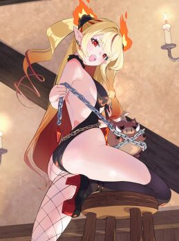 1girl absurdres ass bare_shoulders black_leotard blonde_hair breasts candle character_request copyright_request earrings eyelashes fire fishnet_pantyhose fishnets from_behind fueppu highres indoors jewelry leotard looking_at_viewer pantyhose pointy_ears red_eyes single_leg_pantyhose small_breasts solo virtual_youtuber