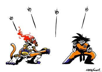 2boys ankle_boots armor belt black_belt black_eyes black_hair blue_footwear body_fur boots brown_fur clenched_hands dougi dragon_ball eye_contact fiery_hair fighting_stance fire gen_4_pokemon gold gold_armor highres infernape jumpsuit knee_pads legs_apart looking_at_another male_focus martial_arts_belt monkey multicolored_fur multiple_boys muscular muscular_male nintendo no_sclera orange_jumpsuit osare_graffiti pointy_ears pokemon pokemon_(creature) profile short_hair short_sleeves shoulder_pads sleeveless_jumpsuit smile son_goku spiked_hair squatting trait_connection undershirt white_background white_fur wristband
