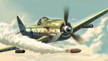1other above_clouds absurdres aircraft airplane balkenkreuz cloud cockpit commentary_request cross flight_suit fw_190 grey_sky gun helmet highres kudryavka_trop luftwaffe machine_gun military_vehicle missile missile_pod motion_blur original outdoors pilot pilot_helmet propeller propeller_fighter rocket roundel signature sky smoke solo swastika vehicle_focus weapon werfer-granate_21 world_war_ii