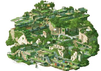 1boy abandoned absurdres backpack bag bridge brown_hat brown_pants canvas_(object) commentary_request dilapidated easel escalator grey_shirt hat highres ladder male_focus moss original overgrown pants post-apocalypse rust sequential shirt stairs tent tokyogenso train translation_request white_background