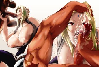 1boy 1girl a_(naruto) absurdres blonde_hair breasts censored clothed_female_nude_male cum cum_in_mouth cum_in_nose cum_on_body dark-skinned_male dark_skin facial facial_mark fellatio forehead_mark hand_on_another&#039;s_head hetero highres huge_breasts interracial kyuugata mosaic_censoring naruto_(series) nipples nude oral penis_on_face red_eyes tongue tongue_out tsunade_(naruto)